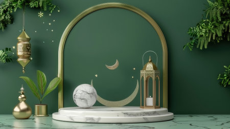 3d rendering of Ramadan Kareem background with crescent moon, arabic lanterns and plantsの素材