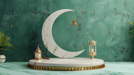 3d render of white marble podium with crescent moon and lanterns on green backgroundの素材