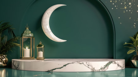 3d rendering of a crescent moon and a lantern on a green backgroundの素材