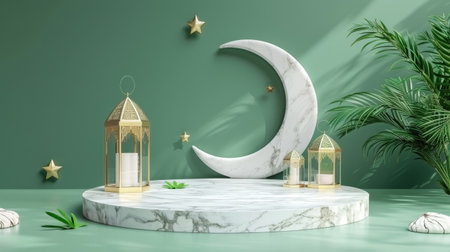 3d rendering of white marble podium with golden lanterns and crescent moon on green backgroundの素材