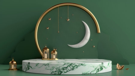 3d render of Ramadan Kareem background with moon, lanterns and podium.の素材