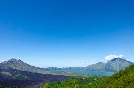 Mount and lake Batur top view from third floor, Kintamani, Bali, Indonesiaの写真素材
