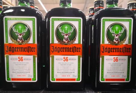 strong German jagermeister liquor was put up for sale in the Metro AG hypermarket on January 20, 2020 in Russia, Kazan, Tikhoretskaya Street 4.のeditorial素材
