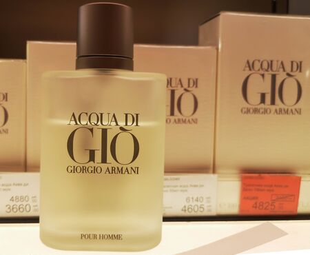 Male perfume Acqua di Gio Giorgio Armani fragrance for men in perfume and cosmetics store February 10, 2020 in Russia, Tatarstan, Kazan, Pushkin Street 2.のeditorial素材
