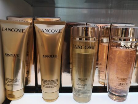 Gel for removal of makeup and cleaning of facial skin and lotien lancome Absolue Rose 80 from L 'Oreal Paris in cosmetics store on February 10, 2020 in Russia, Tatarstan, Kazan, Pushkin Street 2.のeditorial素材