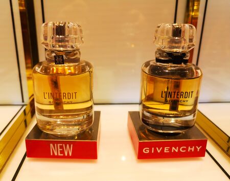 Fragrance of female perfume L'Interdit Eau de Parfum Givenchy in perfume and cosmetics store on February 10, 2020 in Russia, Tatarstan, Kazan, Pushkin Street 2.のeditorial素材
