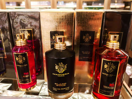 Mancera Black Gold Male Cologne and Mancera Red Tobacco Unisex Flavor at Perfume and Cosmetics Store on February 20, 2020 in Russia, Tatarstan, Kazan, Pushkin Street 2.のeditorial素材