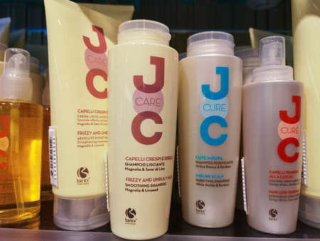 Set of shampoo against dandruff, hair loss, for dry and brittle hair Barex Italiana Joc Care in perfume and cosmetics store on February 20, 2020 in Russia, Tatarstan, Kazan, Pushkin Street 2.のeditorial素材