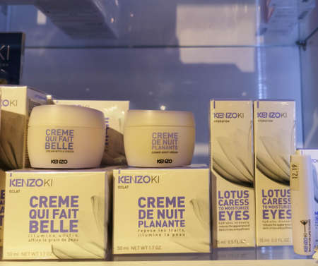 Night face cream KenzoKi Creme De Nuit Planante and shining cream Kenzo Creme Qui Fait Belle in perfume and cosmetics store on February 20, 2020 in Russia, Tatarstan, Kazan, Pushkin Street 2.のeditorial素材