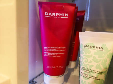 Body scrub Darphin exfoliant parfait corps in perfume and cosmetics store on February 10, 2020 in Russia, Tatarstan, Kazan, Pushkin Street 2.のeditorial素材