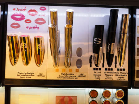 Lipstick, Eyebrow and eyelash mascara from Sisley Paris at Perfume and Cosmetics Store on February 10, 2020 in Russia, Kazan, Pushkin Street 2.のeditorial素材