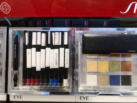 Natural eye stick shadows and eye crayons eye kajaly in perfume and cosmetics store on February 25, 2020 in Russia, Tatarstan, Kazan, Pushkin Street 2.のeditorial素材