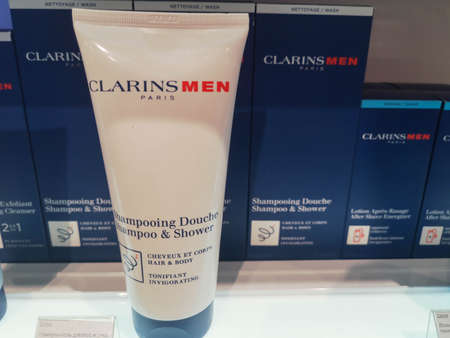 Tonic hair and body shampoo-gel for men clarins shampooing douche at perfume and cosmetics store February 26, 2020 in Russia, Tatarstan, Kazan, Pushkin Street 2のeditorial素材