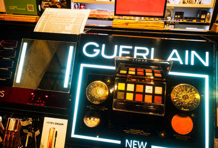 The Guerlain Goldenland eyeshadow palette is sold in a cosmetics and perfumery store in a shopping...