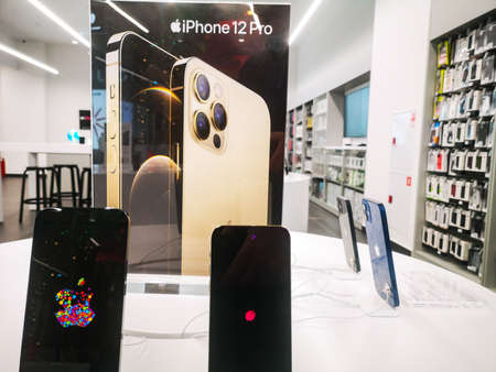 Sale of the new Apple iPhone 12 from Apple Inc. in a shopping center 12.01.2021 in Russia, Kazan,...