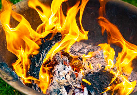 fire burns on wooden branches in an iron basin.の写真素材