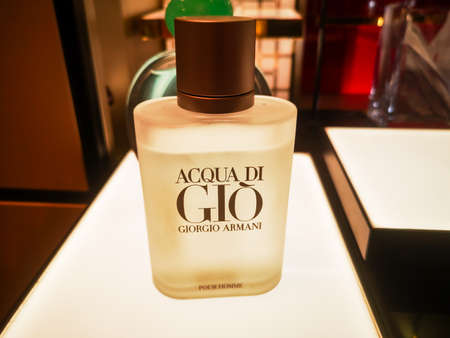 aroma of cologne for men Acqua di Gio by Giorgio Armani belongs to the group of woody aromatic aquatic in the perfume shop 02.22.2021 in Russia, Kazan, st. Pavlyukhina 91.のeditorial素材