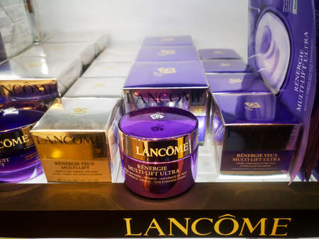 Multilift cream Lancome Renergie with a lifting effect for all skin types on the showcase in a cosmetics store 02.22.2021 in Russia, Kazan, st. Pavlyukhina 91.のeditorial素材