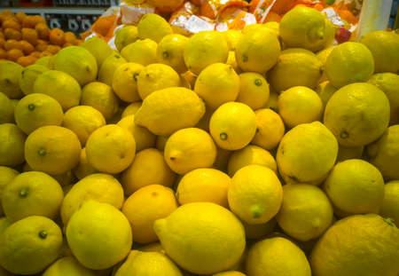 juicy lemons close-up in a hypermarket for sale.の写真素材