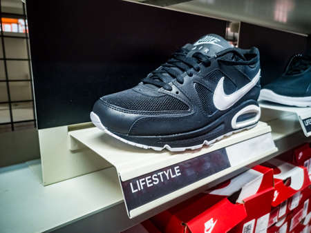 Black men's Air Max sneakers in a clothing and footwear store 05/01/2021 Russia, Kazan, Khusain Yamasheva Ave. 97.のeditorial素材