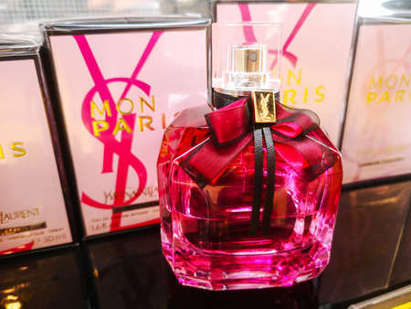 The fragrance for women Mon Paris Yves Saint Laurent Eau De Parfum Spray belongs to the chypre fruity group in the store 22.02. 2021 in Russia, Kazan, st. Pavlyukhina 91のeditorial素材