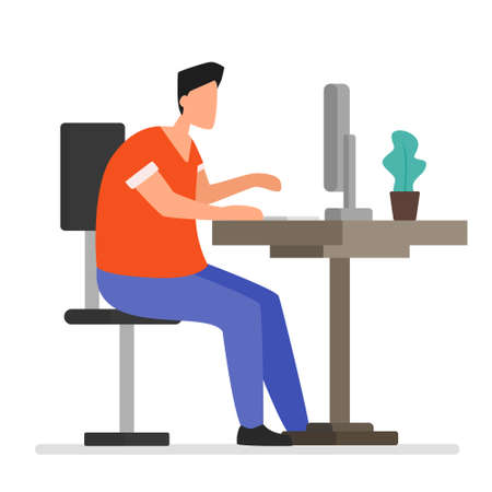 Man sit in front of computer vector illustration flat designのイラスト素材