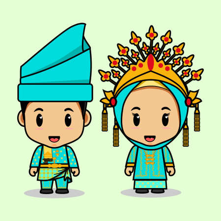 Riau traditional clothes for weddings or traditional events, from Indonesia,great for wedding invitations and mascot characters on the webのイラスト素材