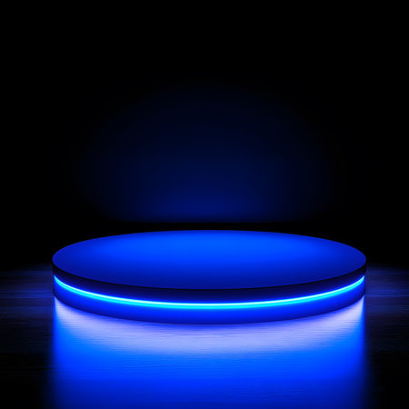 A bright blue neon podium with strong light reflection.の素材