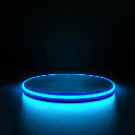 A glowing blue neon round platform on a dark reflective background.の素材