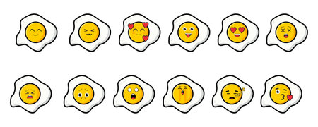 Funny fried eggs icons set. Fried eggs with different emotions. Vector illustration