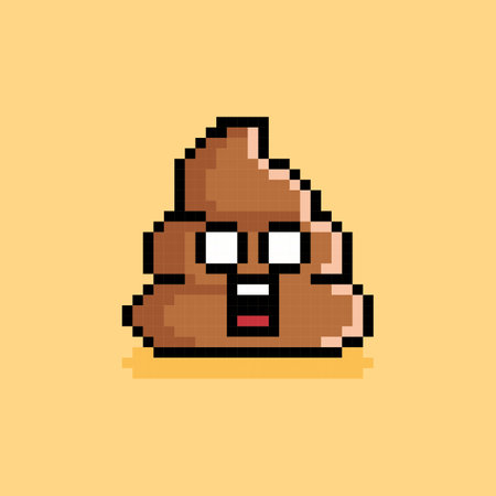 Pixel art poop emoji. Vector illustration isolated on yellow background. 8 bit emoticonのイラスト素材