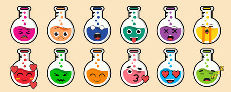 Cartoon chemical test tube icons set. Vector illustration in flat styleのイラスト素材