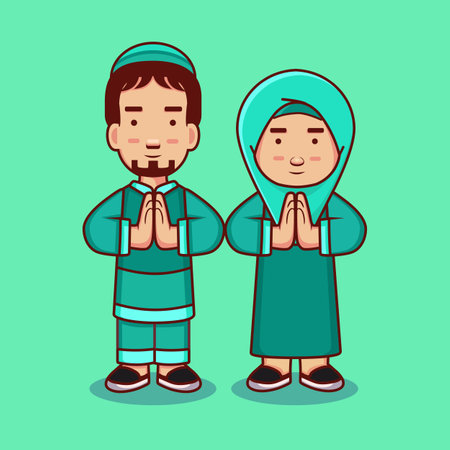 Muslim man and woman in traditional clothes praying together. Vector illustration.のイラスト素材