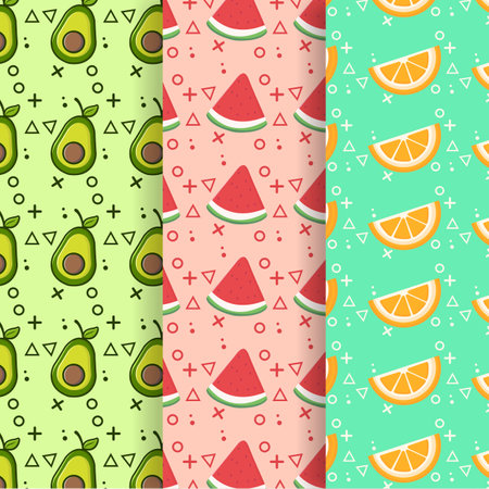 Set of seamless patterns with watermelon and orange. Vector illustration.のイラスト素材