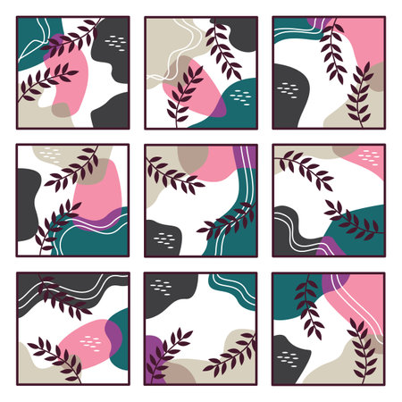 Set of abstract backgrounds with hand drawn organic shapes and leaves. Boho style. Vector illustration.のイラスト素材