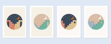 Set of trendy minimalistic posters with mountains, moon and stars. Vector illustrationのイラスト素材