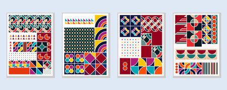 Set of vector greeting cards with abstract geometric pattern. Retro style.