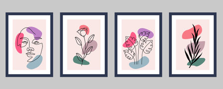 Set of creative minimalist hand drawn illustrations for wall decoration, postcard or brochure cover designのイラスト素材
