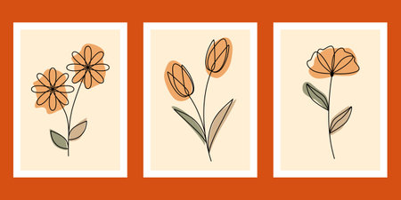 Set of four hand drawn minimalistic abstract floral backgrounds. Vector illustration.のイラスト素材