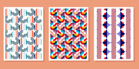 Set of abstract seamless patterns with geometric elements. Vector illustration in retro style