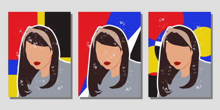 Illustration of a set of three posters with a beautiful woman's face.のイラスト素材