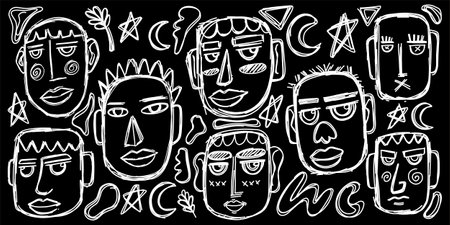 Hand drawn doodle cartoon faces on black background. Vector illustration.のイラスト素材