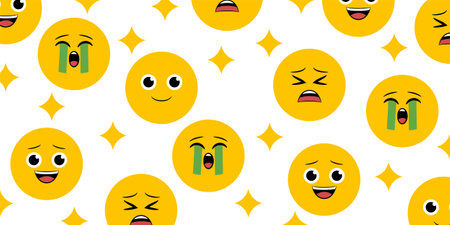 Funny smiley face seamless pattern. Cute cartoon emoji background.のイラスト素材