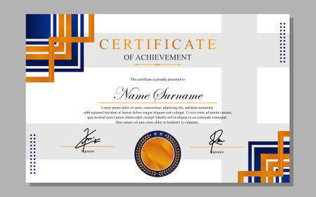 Horizontal certificate of achievement template with blue and gold pattern, vector illustrationのイラスト素材
