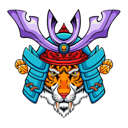Mascot illustration of a tiger head wearing a royal crown and holding two swords.のイラスト素材