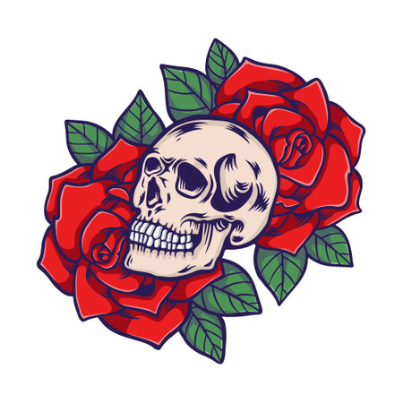 Skull with red roses. Vector illustration for tattoo or t-shirt design.のイラスト素材