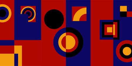 Abstract seamless pattern with geometric shapes in red, blue and black colors.のイラスト素材