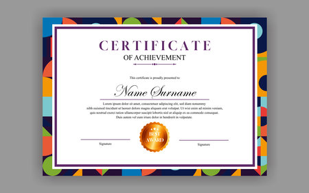Certificate of achievement template with colorful pattern background. Vector illustration.のイラスト素材
