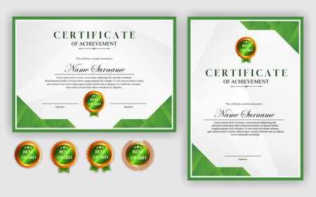 Certificate of achievement template with green leaf pattern and label. Vector illustration.のイラスト素材