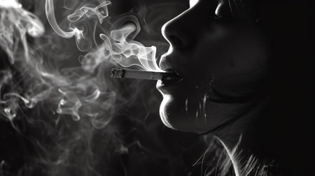 Portrait of a young beautiful woman smoking a cigarette in the darkの素材